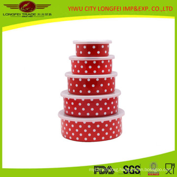 Red Volor 5PCS Enamel Salad Bowl Set with Plastic Lid